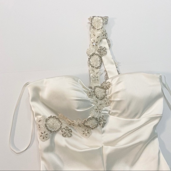 Cache Ivory Pearl Ruched Dress Satin Single Strap Beaded Bridal Engagement Sz 4 - Picture 3 of 8